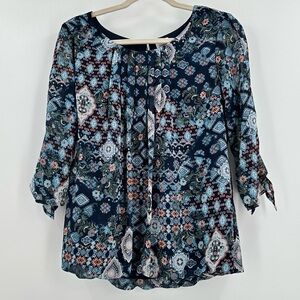 Dressbarn Women’s Navy Pleated Fully Lined Except Sheer 3/4 Sleeves Bubble Hem M